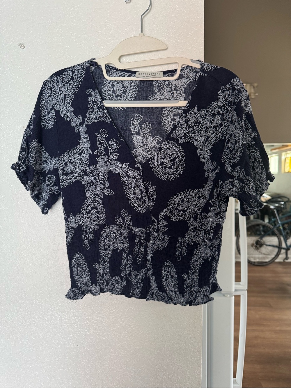 Paper Crane Navy Paisley Wrap-Style Crop Top